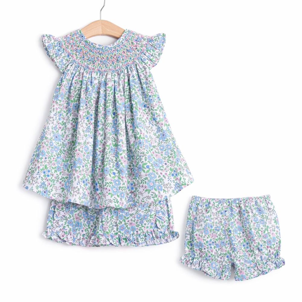 Smocked Set Floral Bishop Dress Set | Blue Green Liberty Style 3T
